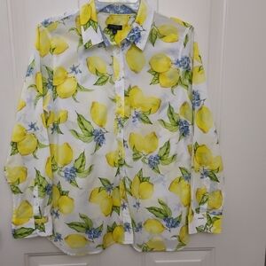 Talbots White Blouse with Yellow Lemon and Blue Floral Print Large